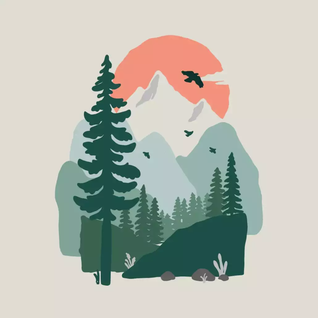 abstrakte Illustration von Wald und Landschaft mit Bergen und Sonne auf beigen Hintergrund